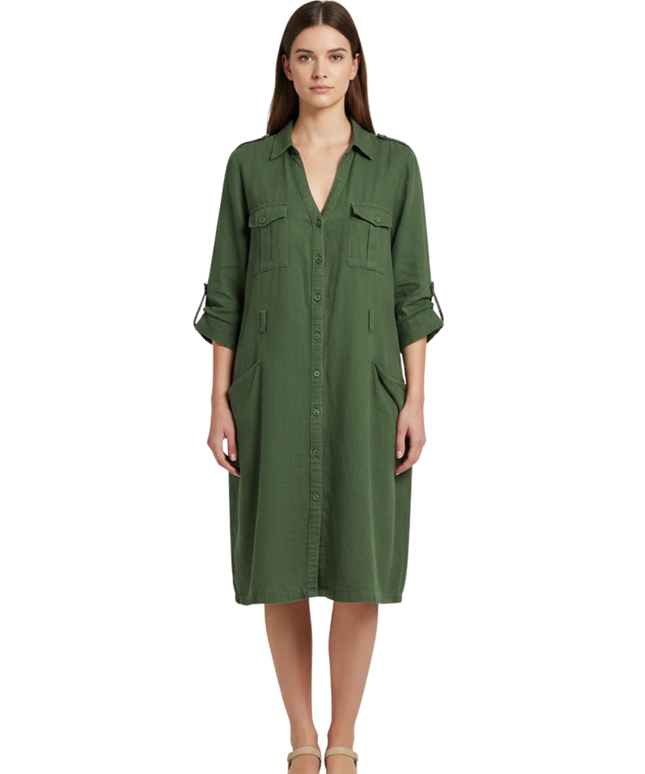 Mango Green Linen Blend Utility Shirt Dress
