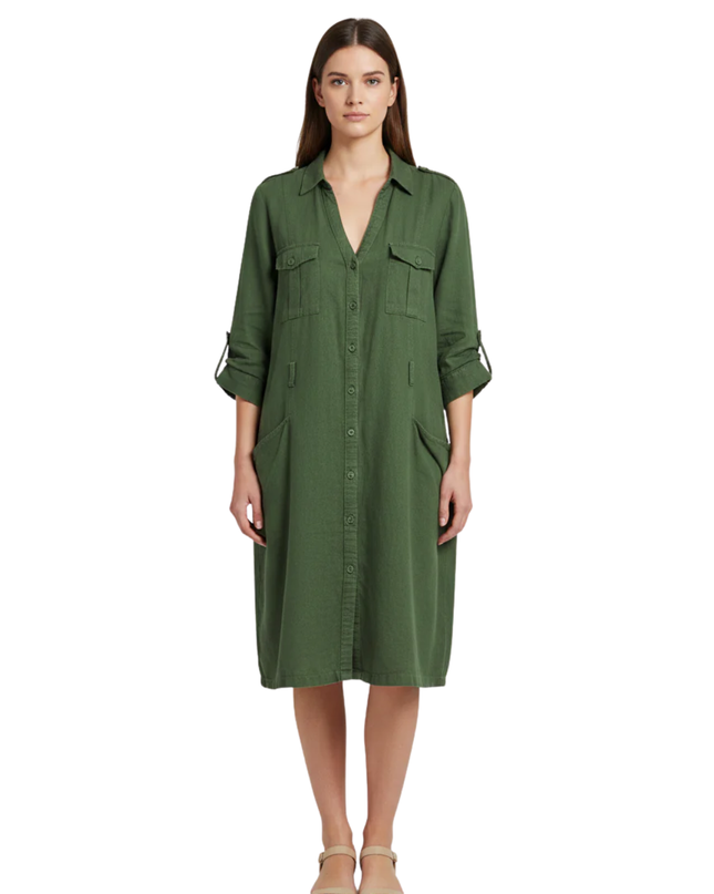 Mango Green Linen Blend Utility Shirt Dress
