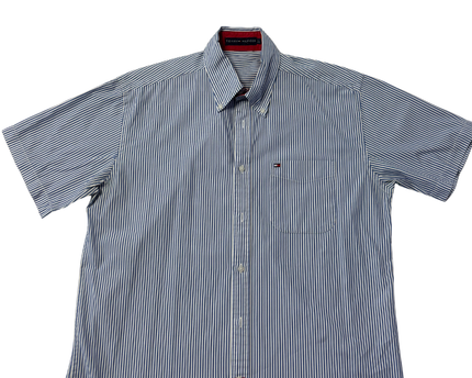 Tommy Hilfiger Men's Blue/White Striped Short Sleeve Button Down Shirt