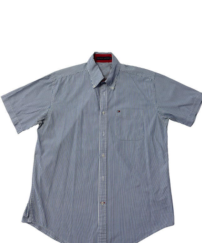 Tommy Hilfiger Men's Blue/White Striped Short Sleeve Button Down Shirt