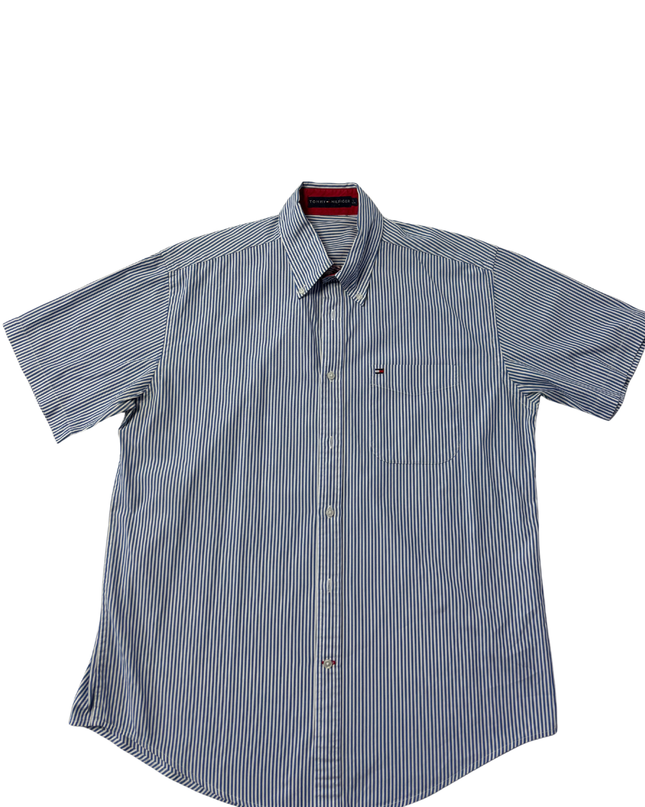 Tommy Hilfiger Men's Blue/White Striped Short Sleeve Button Down Shirt