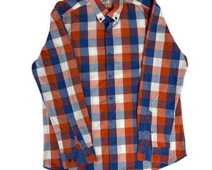 Lacoste Orange, Blue and White Checkered Slim Fit Long Sleeve Shirt