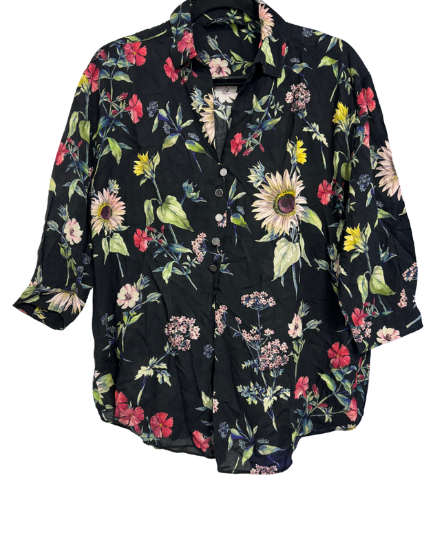 Zara Black Floral Button-Down Blouse