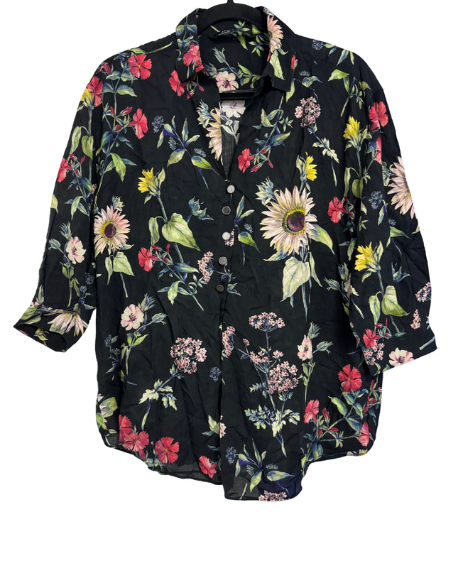 Zara Black Floral Button-Down Blouse