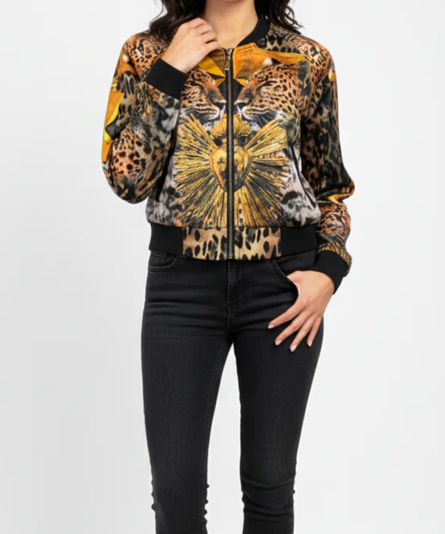 MIAO MIAO COUTURE Multicolor Leopard Print Cropped Bomber Jacket