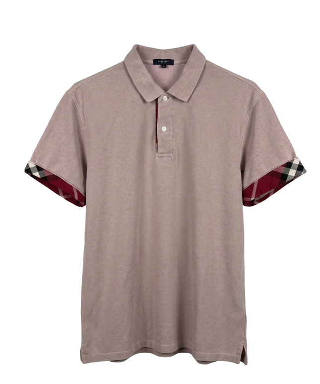 Burberry Men's Pink Short Sleeve Polo Shirt with Check Cuffs