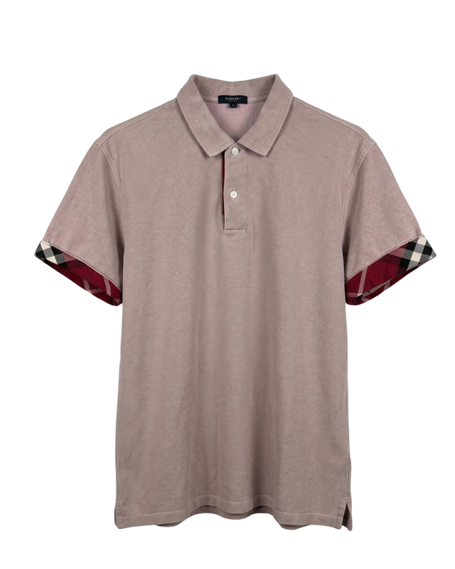 Burberry Men's Pink Short Sleeve Polo Shirt with Check Cuffs