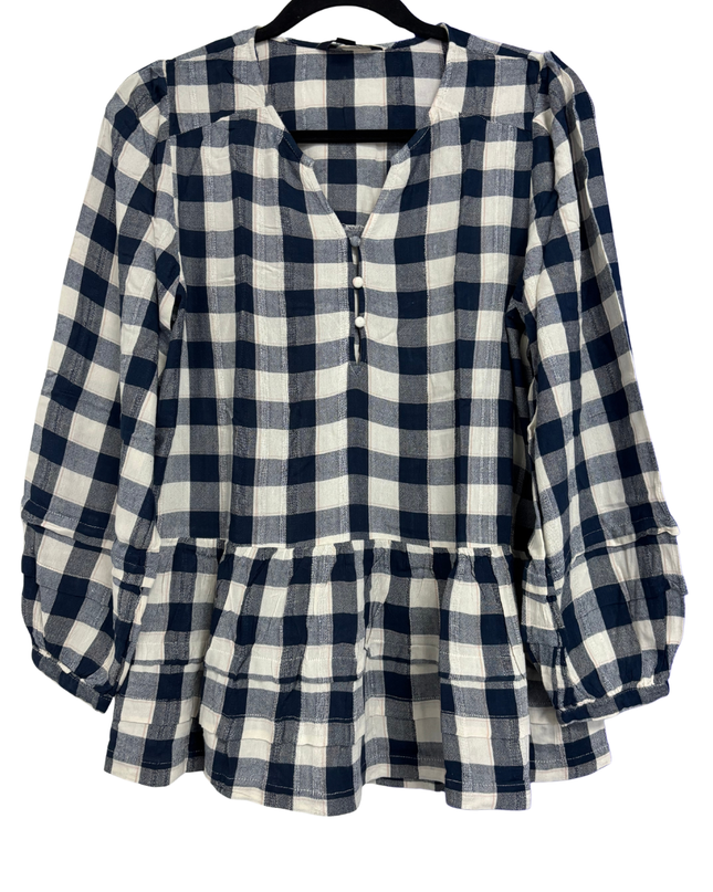 American Eagle Navy Blue Checkered Peplum Blouse