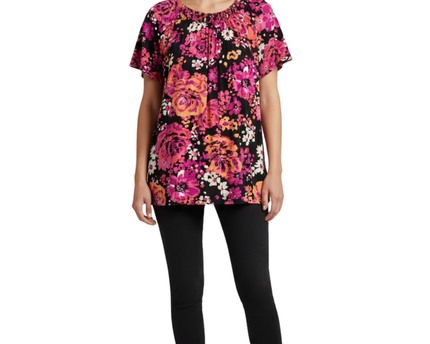 Croft & Barrow Black Floral Short Sleeve Pleated Neck Blouse