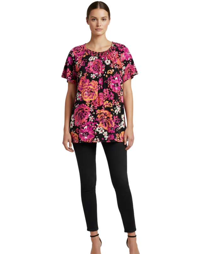 Croft & Barrow Black Floral Short Sleeve Pleated Neck Blouse