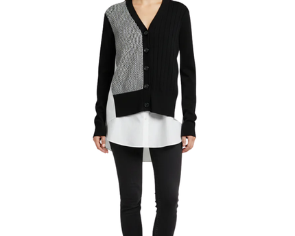 VERO MODA Black and White Mixed-Media Layered Cardigan