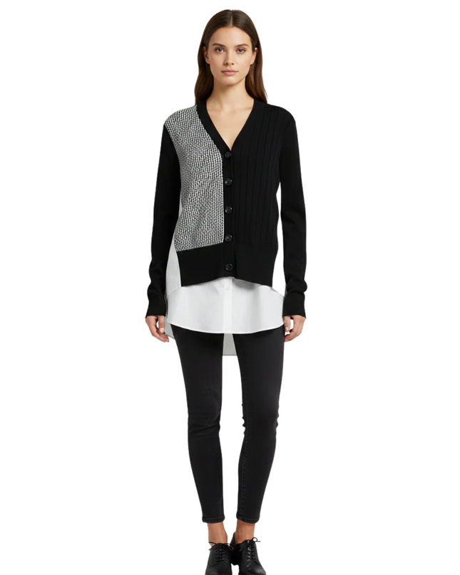 VERO MODA Black and White Mixed-Media Layered Cardigan