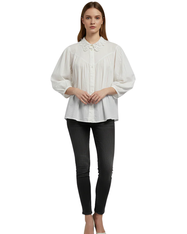 NEVER MORE White Lace Collar Puff Sleeve Blouse
