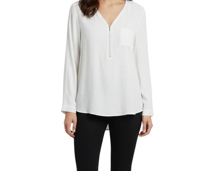 LE CHÂTEAU White Zip-Neck Pocket Blouse