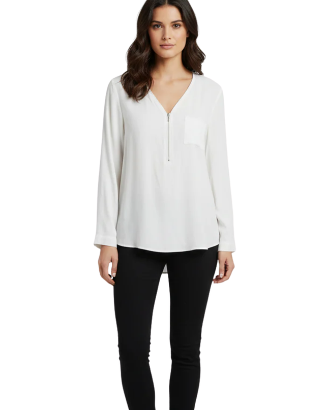 LE CHÂTEAU White Zip-Neck Pocket Blouse