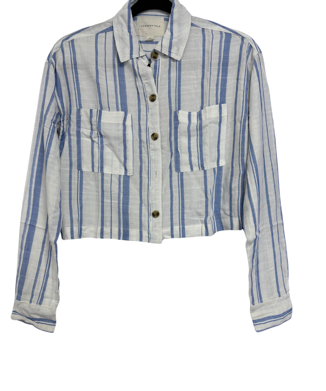 Aeropostale Blue and White Striped Cropped Long-Sleeve Shirt