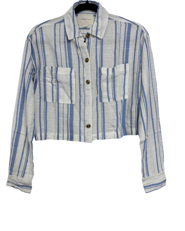 Aeropostale Blue and White Striped Cropped Long-Sleeve Shirt