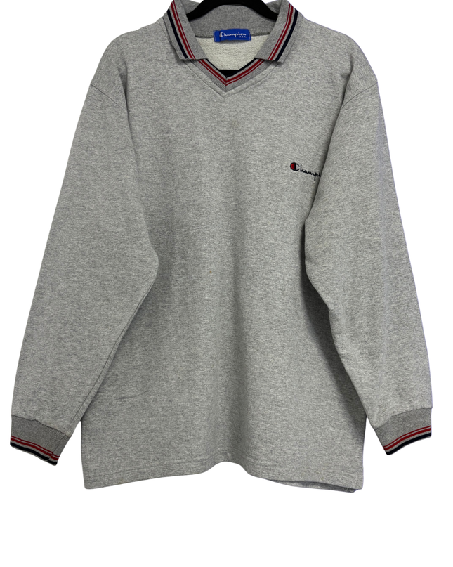 Champion Grey Vintage Style Collared V-Neck Pullover Sweatshirt