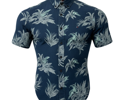 Tommy Hilfiger Blue Tropical Floral Print Linen Short Sleeve Shirt