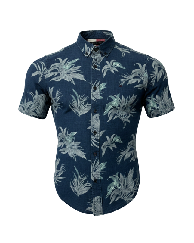 Tommy Hilfiger Blue Tropical Floral Print Linen Short Sleeve Shirt