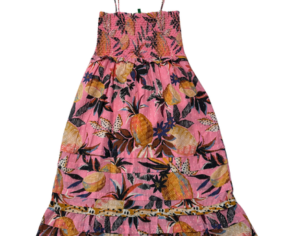 Farm Rio Pink Pineapple Print Smocked Midi Dress