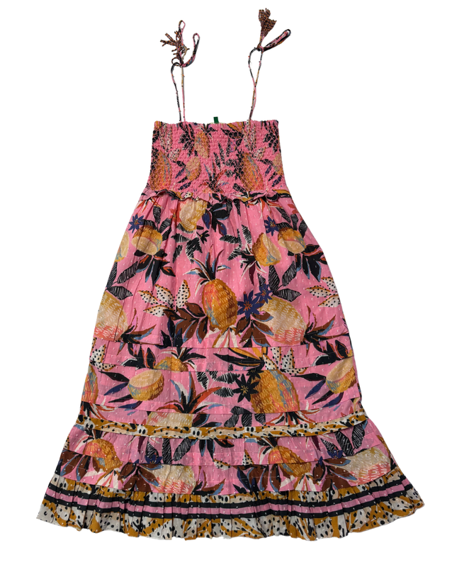 Farm Rio Pink Pineapple Print Smocked Midi Dress