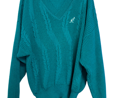 Australian BY L'ALPINA Vintage Teal V-Neck Cable Knit Sweater