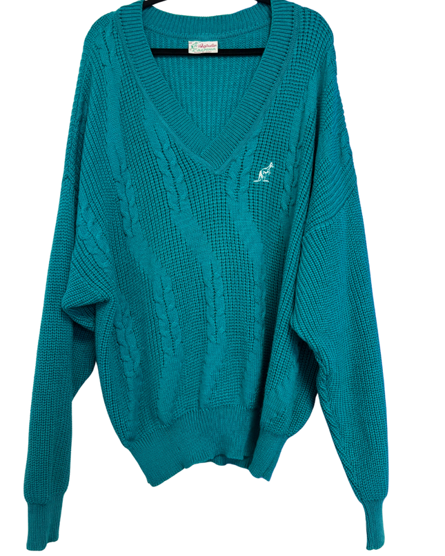 Australian BY L'ALPINA Vintage Teal V-Neck Cable Knit Sweater