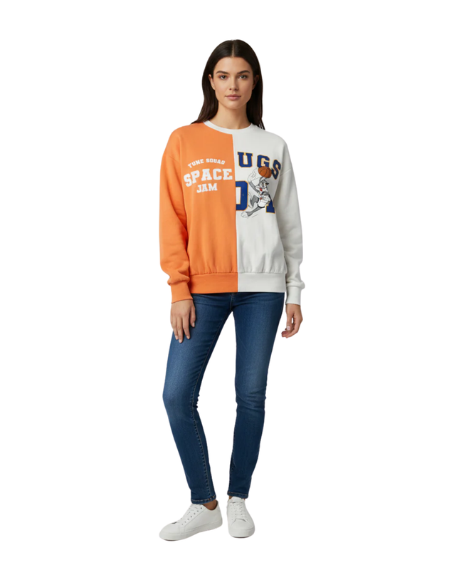 Space Jam Orange and White Bugs Bunny Split Graphic Sweatshirt