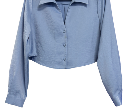 Zara Blue Cropped Satin-Finish Button-Down Blouse