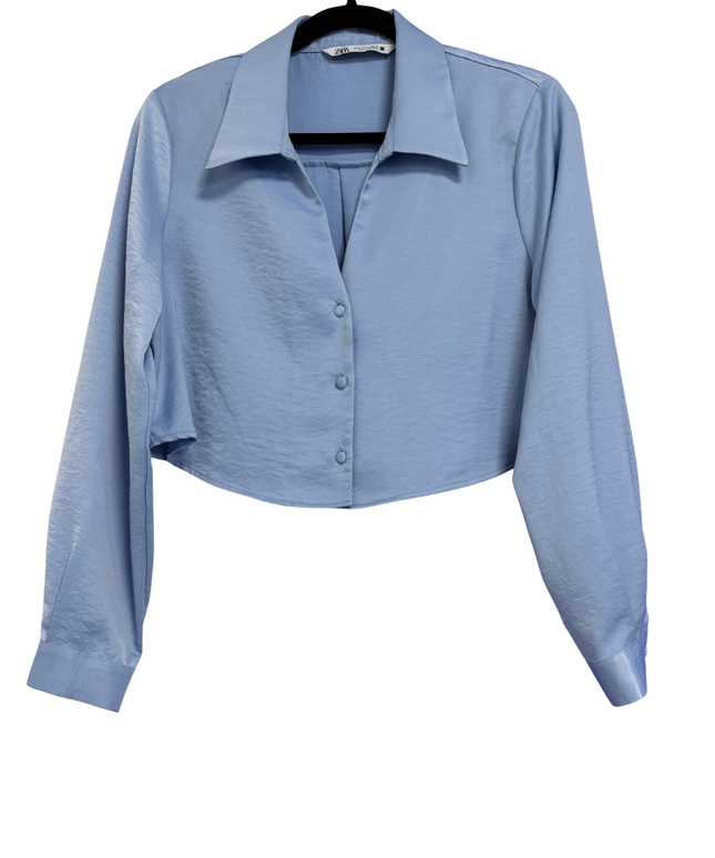 Zara Blue Cropped Satin-Finish Button-Down Blouse