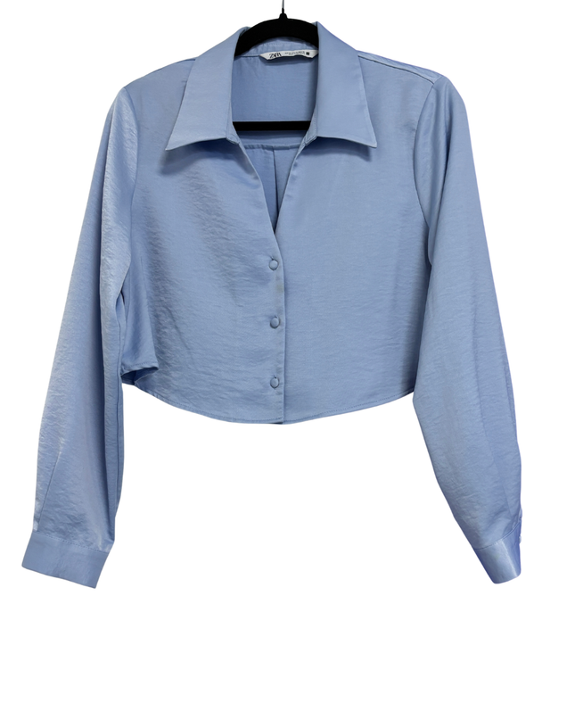 Zara Blue Cropped Satin-Finish Button-Down Blouse