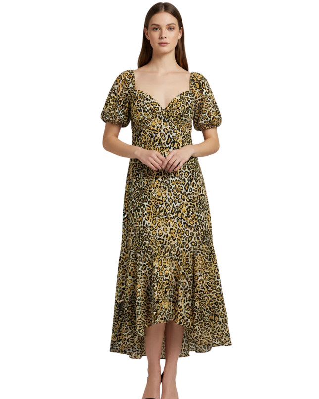 PrettyLittleThing Leopard Print Puff Sleeve Midi Dress