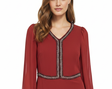 French Connection Red Silk Beaded V-Neck Mini Dress