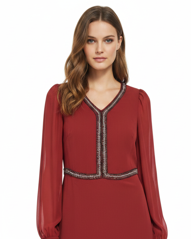 French Connection Red Silk Beaded V-Neck Mini Dress