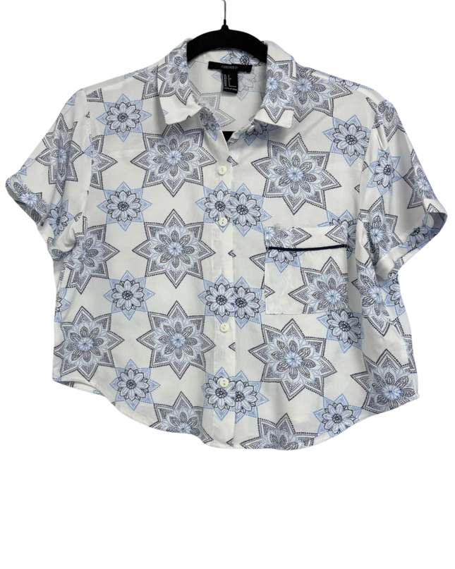 Forever 21 White/Blue Mandala Print Cropped Shirt