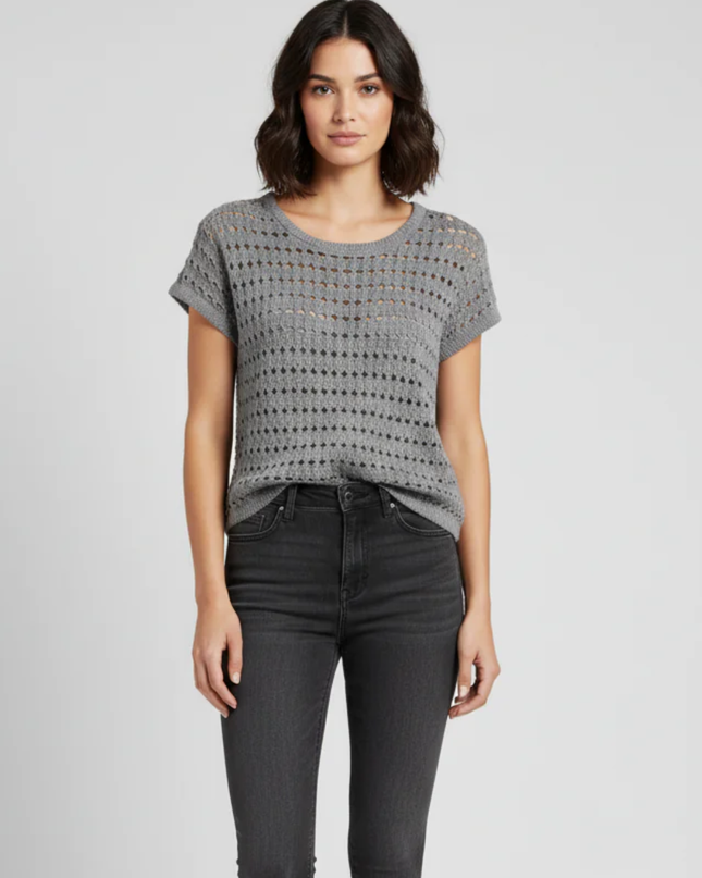 Sweater Project Grey Open-Knit Metallic Cap Sleeve Sweater