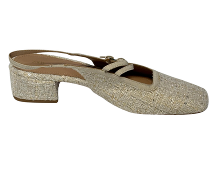 Zara Beige Tweed Slingback Block Heel Shoes