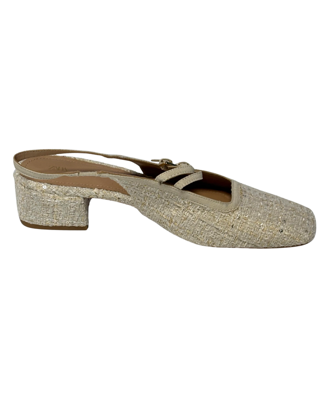 Zara Beige Tweed Slingback Block Heel Shoes