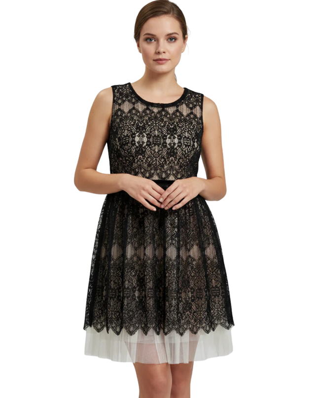 LILY.J Elegant Black Lace Sleeveless Mini Dress with Tulle Hem