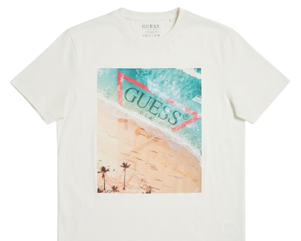 GUESS White Graphic Beach Scene Regular Fit T-Shirt
