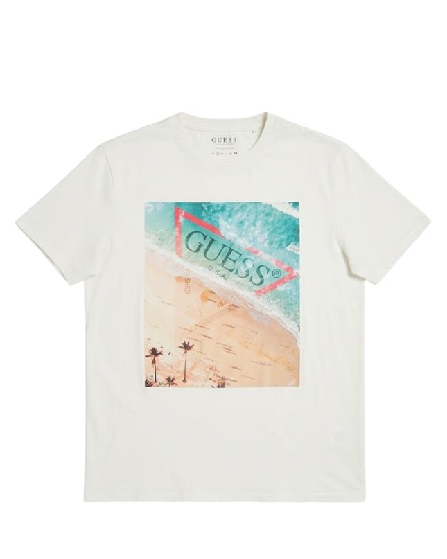 GUESS White Graphic Beach Scene Regular Fit T-Shirt