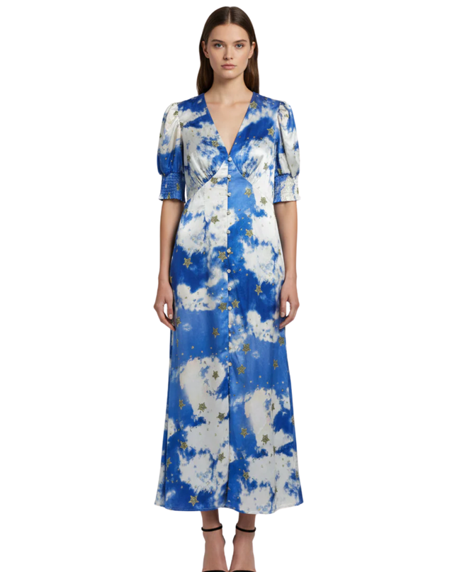 Never Fully Dressed Blue/White Cloud and Star Print Maxi Dress
