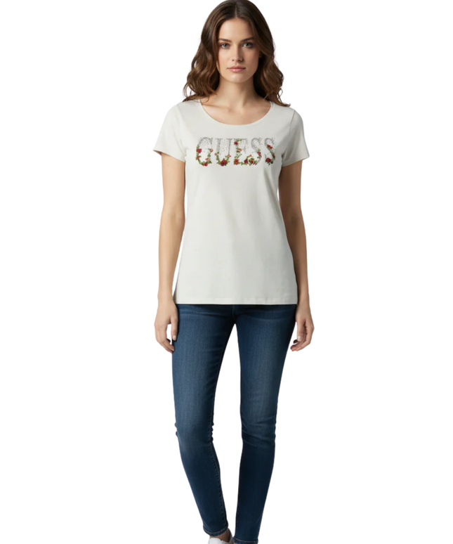 Guess Cream Floral Embellished Graphic Tee