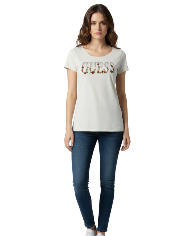 Guess Cream Floral Embellished Graphic Tee