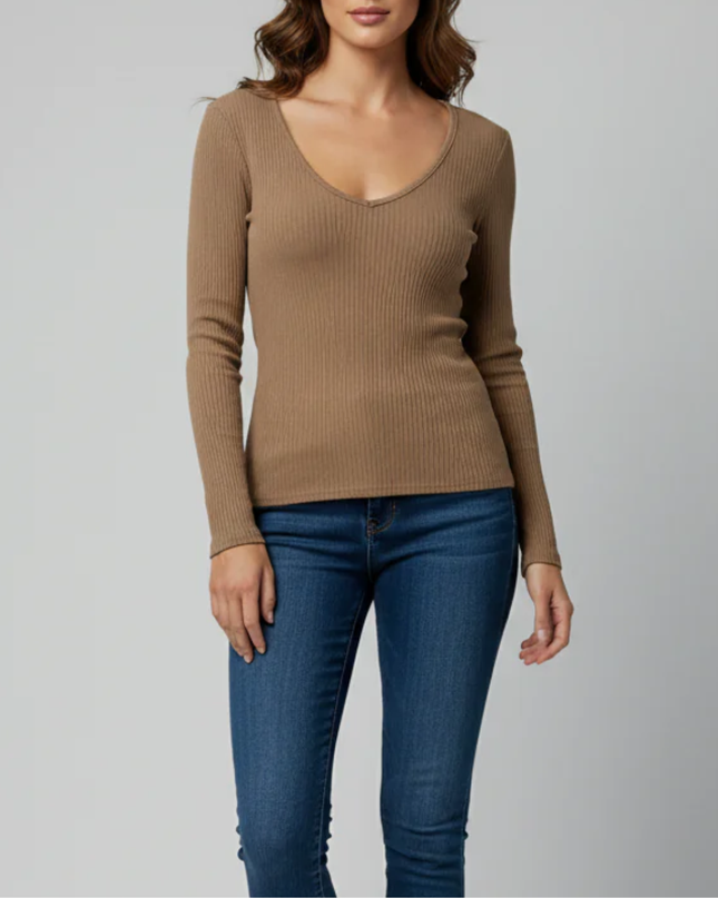 Ria Maria Brown Ribbed V-Neck Long Sleeve Top