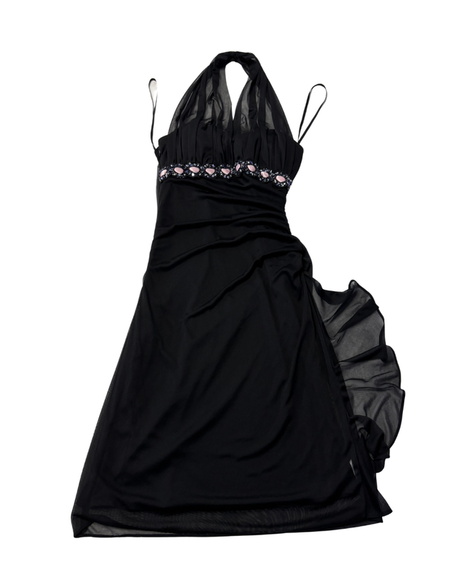 Cache Black Beaded Halter Midi Dress
