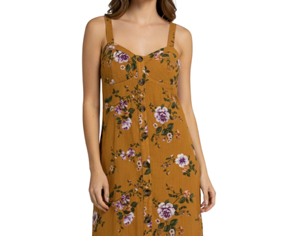American Eagle Mustard Yellow Floral Button-Front Smocked Dress