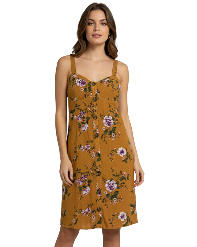 American Eagle Mustard Yellow Floral Button-Front Smocked Dress