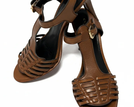 Coach Brown Izzy Leather Woven T-Strap Stiletto Sandals